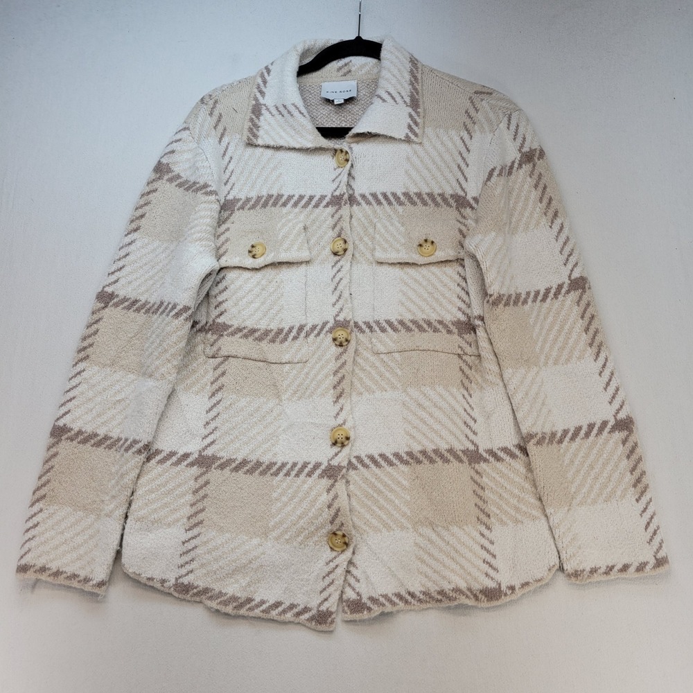 Pink Rose Shacket Womens Large Cream Plaid Button Front Knit Sweater Jacket